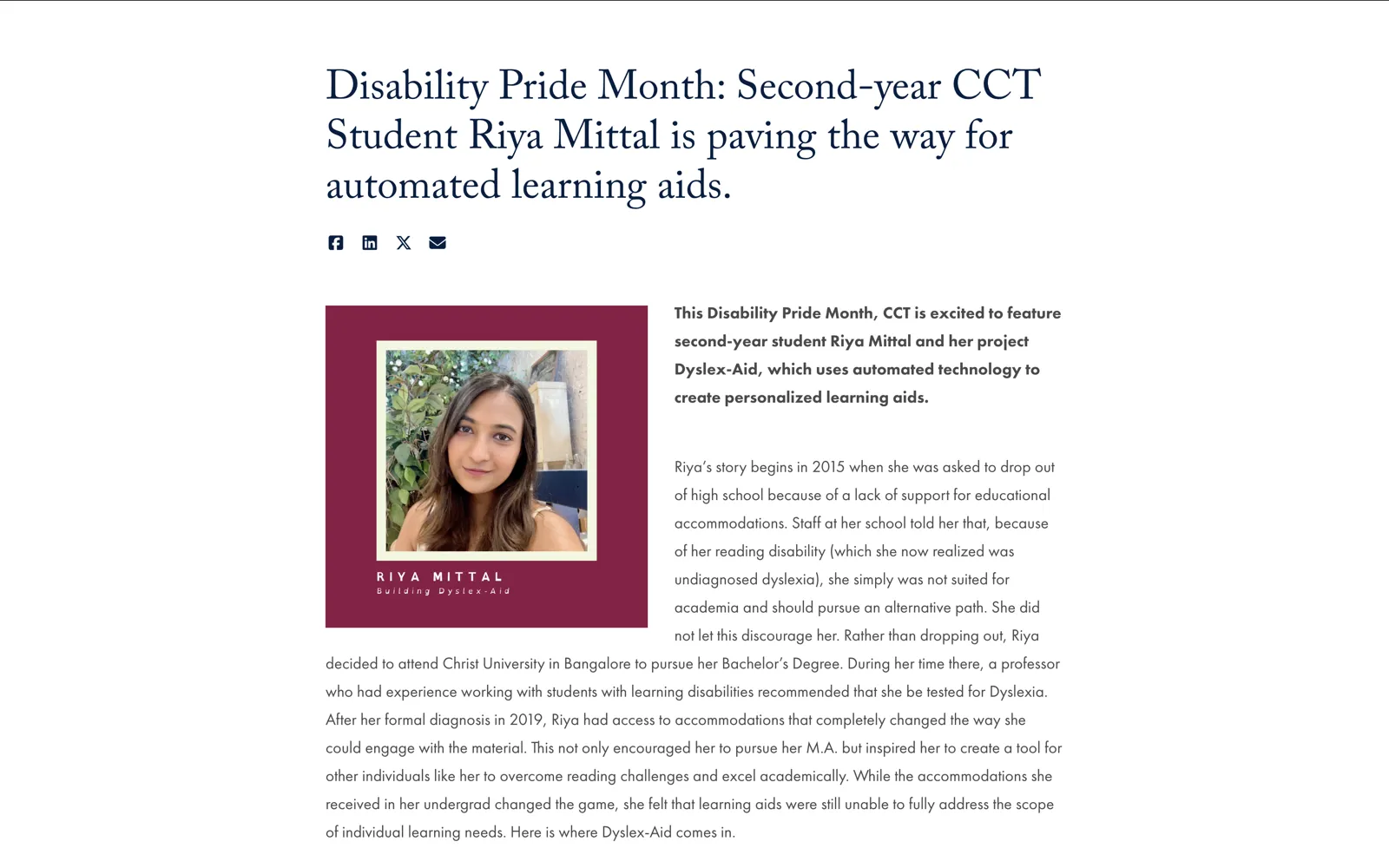 Georgetown CCT article about Riya Mittal and Dyslex-Aid.