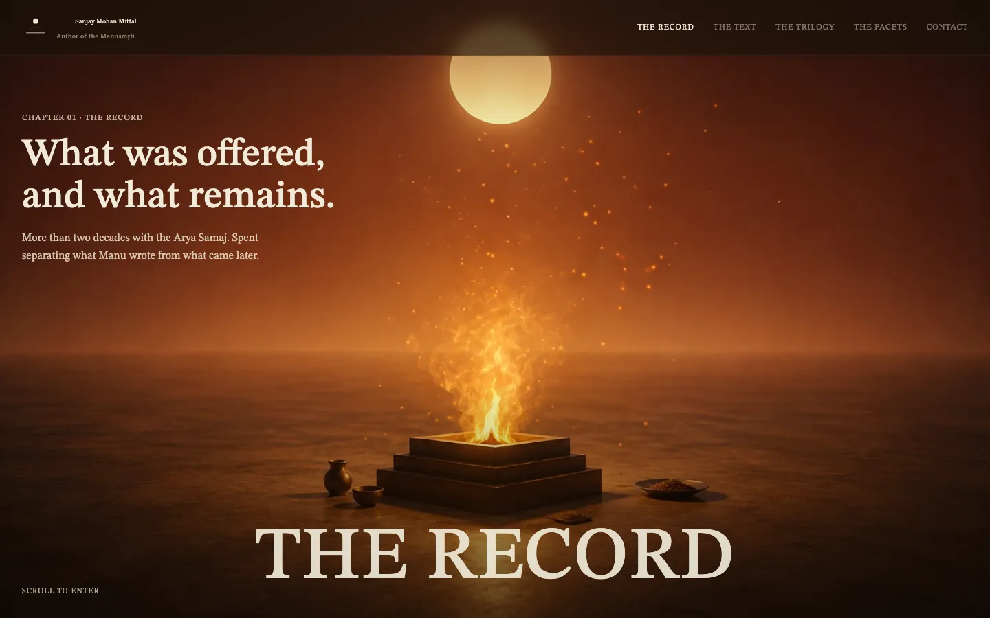 Sañjay Mohan Mittal author site opening on a havan fire with the heading: What was offered, and what remains.